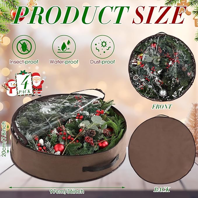 4 Pack Wreath Storage Container, 36 Inch Christmas Wreath Storage Box with Clear Window and Handles Upgrade Oxford Cloth Garland Bags with Dual Zipper for Xmas Wrapping, Brown