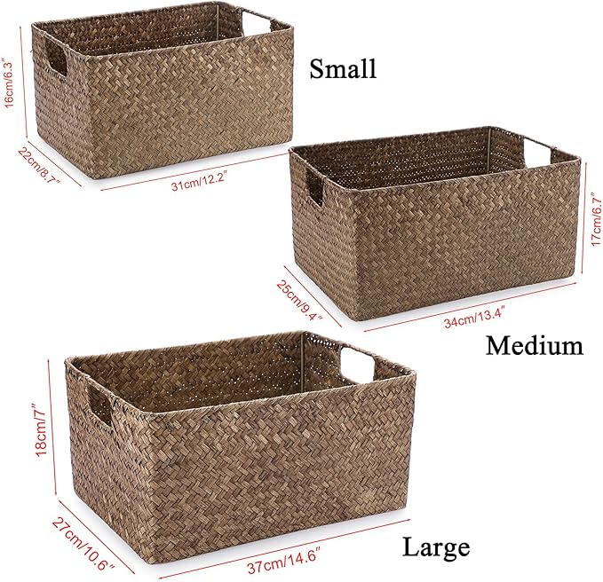 Hipiwe Seagrass Storage Basket for Shelf Organizing, Opened Baskets Bin Handwoven Wicker Baskets Rectangular Decorative Basket Multipurpose Closet Bedroom Organizer Bin Box with Handle, Small