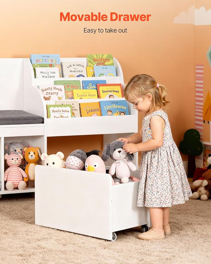 VEVOR Kids Reading Nook, Wooden Storage Bench with Backrest, Kids Bookshelf & Toy Organizer, Large Toy Box Chest for Playroom, Living Room or Entryway, Easy Assembly, 66.9 x 15.8 x 31.5 in, White