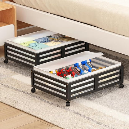 Wisuce Home Under Bed Storage Containers With Wheels - 2 Pcs Bamboo Wood Rolling Underbed Shoe Storage Bins With Dust Bags for Clothes Blankets, Duvet Covers Snacks Toys (Black)
