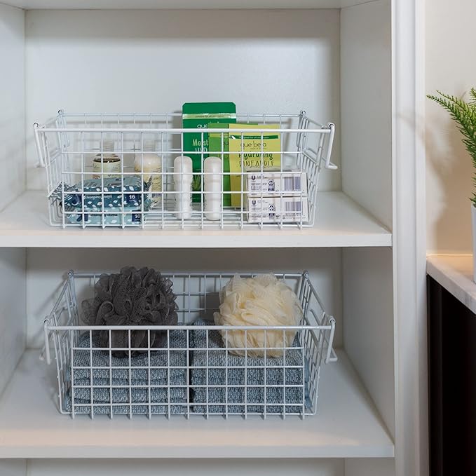 Home-Complete 2 pcs 16"x9" Medium Stackable Wire Baskets, Organizer Stacking Storage Bins for Shelf, Pantry, Kitchen, Cabinets, can also be used in Chest Freezers (White)