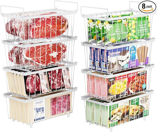 iSPECLE Chest Freezer Organizer Bins - 8 Pack Small Stackable Deep Freezer Organizer Bins for Most 7 Cu.FT Freezer Sort Frozen Meats, Freezer Storage Bins Easy Access Food without Digging, White
