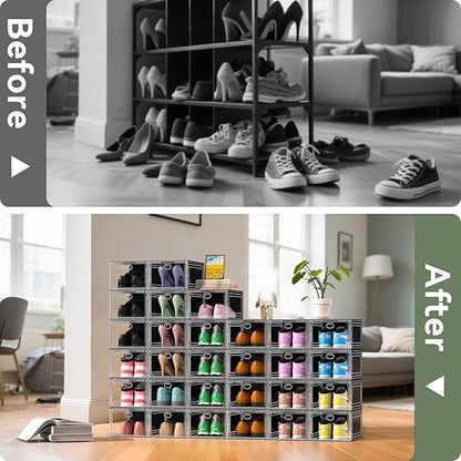 ALCCB Thicken Hard Clear Shoe Storage Organizer for Closet, 10 Pack Modular Plastic Stackable Shoe Storage Box Organizer, Shoe Sneaker Rack Display Case Containers Bins with Lids, Black Clear