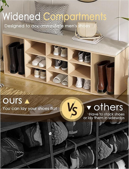 DINZI LVJ Shoe Storage Bench with Cushion, 13-Cubby Shoe Rack, Adjustable Shelves, Multifunctional Shoe Organizer Bench for Entryway, Mudroom, Hallway, Living Room, Bedroom and Garage, Natural