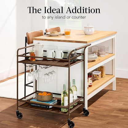 Best Choice Products Rolling Bar Cart, Mobile Home Bar Serving Cart, Serving Station w/ 2 Tier Shelves, Wine Rack, Lockable Wheels - Brown