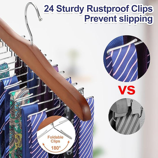 TOPIA HANGER Tie Rack Hanger for Closet, Wooden Tie Organizer for Men with 24 Folding Hooks, Space Saving Necktie Holder for Storage and Display Bra, Tank Top, Camisole (1-Pack), Walnut- CT14WA