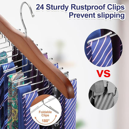 TOPIA HANGER Tie Rack Hanger for Closet, Wooden Tie Organizer for Men with 24 Folding Hooks, Space Saving Necktie Holder for Storage and Display Bra, Tank Top, Camisole (2-Pack), Walnut- CT14WA-2