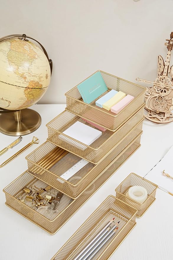 Annova Mesh Stackable Drawer Cabinet and Shelf Organizer Bins Storage Basket School Office Supply Holder Tray- Set of 2 (Gold, 3x6x2 Inch)