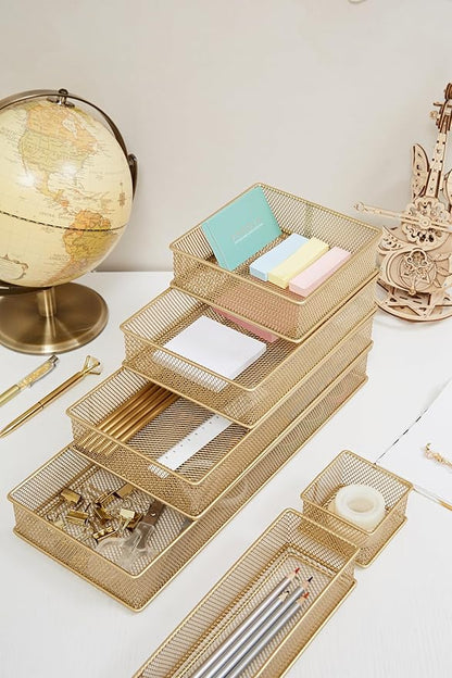 Annova Mesh Stackable Drawer Cabinet and Shelf Organizer Bins Storage Basket School Office Supply Holder Tray- Set of 2 (Gold, 3x12x2 Inch)