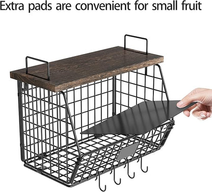 2 Pack Hanging Wall Fruit Basket for Kitchen Counter, Stackable Wire Basket for Fruit, Vegetable, Potato and Onion Storage, Wall-Mounted Fruit Holder with Wood Lid, Banana Hooks & Metal Handles