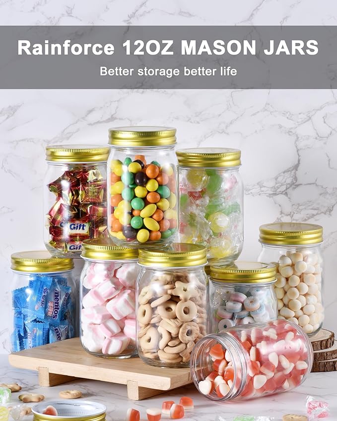 Rainforce Mason Jars 12 oz Regular Mouth 6 Pack – 12 oz Glass Jars with Gold Lids for Canning, Honey, Spices, Candle Making, Pint Storage & Meal Prep – Frascos De Vidrio Con Tapa
