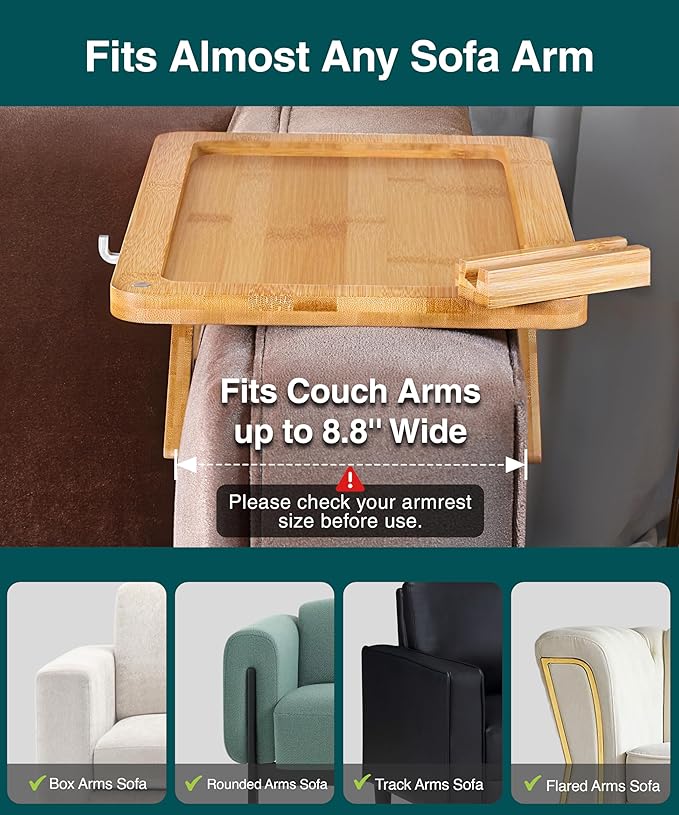 Bamboo Sofa Arm Tray Table – Fits Most of The Sofa Arms, 3 in 1 Adjustable Couch Arm Table with Rotating Phone Holder, Cable Slot & Non-Slip Mat – Couch Cup Holder for Snacks, Drinks & Remotes