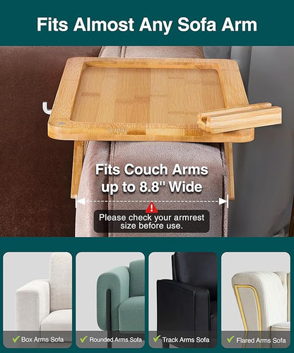 Bamboo Sofa Arm Tray Table – Fits Most of The Sofa Arms, 3 in 1 Adjustable Couch Arm Table with Rotating Phone Holder, Cable Slot & Non-Slip Mat – Couch Cup Holder for Snacks, Drinks & Remotes