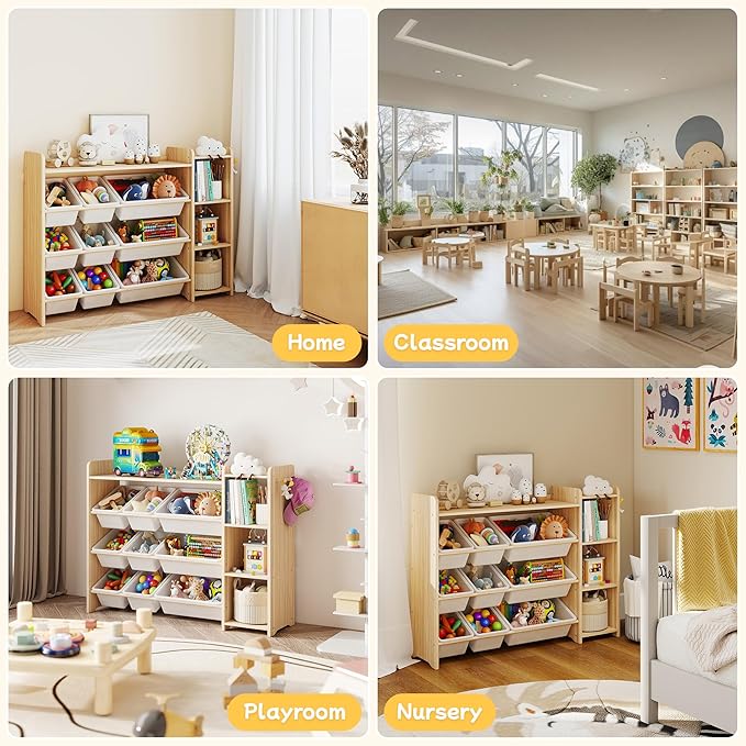 Kids Toy Storage Organizer, Wooden Shelf with 3 Tiers and 9 Storage Bins, Nursery Room Organizer for Books and Toys, White and Natural Wood