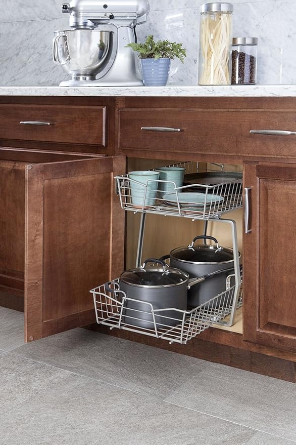 ClosetMaid 14 in. Pull Out Cabinet Organizer, 2 Tier, Heavy Duty, Slide Out Pantry Shelves Drawers for Kitchen, Bathroom, Nickel