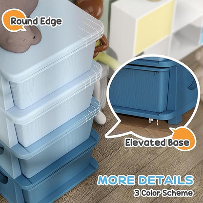 Qaba 4 Tier Kids Storage Unit, Toy Organizers and Storage with 4 Drawer Chest for Kids Bedroom Nursery Kindergarten Living Room for Boys Girls Toddlers, Blue