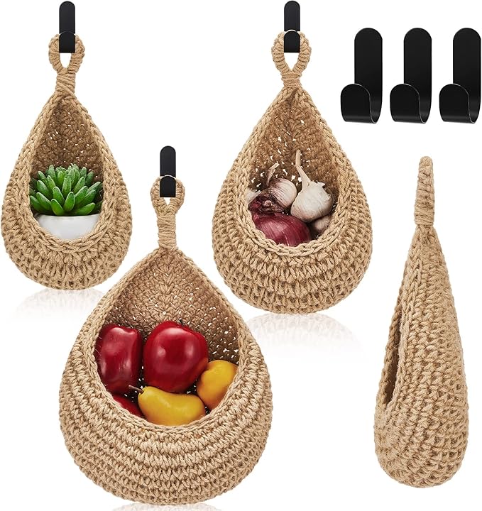 Honeydak Boho Decor Hanging Wall Baskets for Kitchen 3 Pack Teardrop Baskets with Hooks Storage Fruit Onion Vegetable Potato for Home 3 Sizes(Light Linen,Cotton Rope)