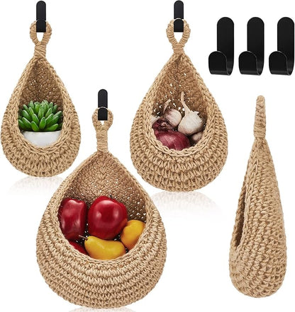 Honeydak Boho Decor Hanging Wall Baskets for Kitchen 3 Pack Teardrop Baskets with Hooks Storage Fruit Onion Vegetable Potato for Home 3 Sizes(Light Linen,Cotton Rope)