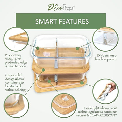 EcoPreps Large Glass Bento Box Containers with Bamboo Lids, 3 Compartment Glass Meal Prep Container Set (2 Pack, XL) - 100% Plastic Free, Eco-Friendly Lunch Containers, Bento Boxes for Adults
