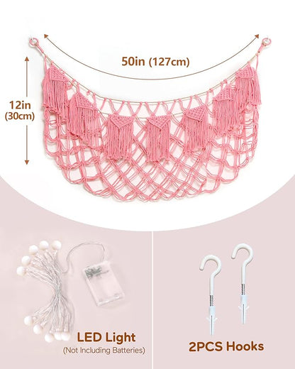 Macrame Stuffed Animal Hammock Toy Storage with Lights - Small Wall Net Toys Storage Stuff Animal Organizer Holder,Pink Room Decor for Teen Girls,Boho Nursery Bedoom Decor Aesthetic