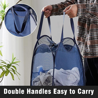 TECHMILLY Collapsible Mesh Pop Up Laundry Hamper with Sturdy Handles and Side Pocket - Portable Foldable Clothes Baskets for Dorm, Bathroom & Travel Storage (with Drawstring, Blue)