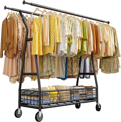Raybee Heavy Duty Clothes Rack 630LBS, Double Rods Clothing Rack with Storage Basket, Portable Garment Rack for Heavy Clothes, Extendable & Adjustable, Bedroom, Closet, Commercial, Black