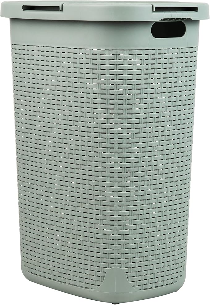 Mind Reader Slim Laundry Hamper with Lid, 60L Clothes Basket, Premium Wicker Design, Plastic, Mint