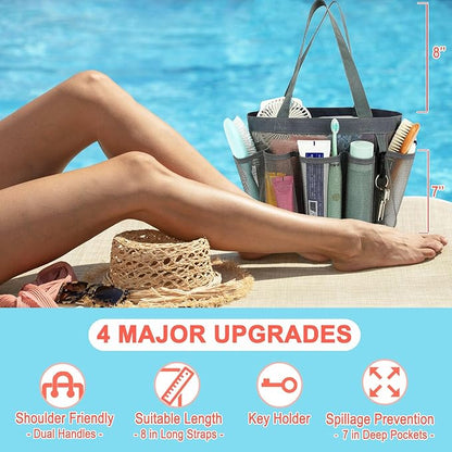 Fammart Mesh Shower Caddy Portable for College Dorm Room Essentials, 8-Pocket Large Shower Basket Tote Bag with 2 Handles for Toiletry, Bathroom, Beach, Camp, Gym