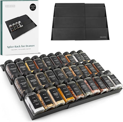 EDELHAUS Spice Drawer Organizer - Expandable Spice Rack for Drawer, Black Seasoning Organizer for Drawer Spice Organizer, Spice Organization Seasoning rack insert for Cabinet (Jars Not Included)