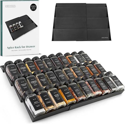 EDELHAUS Spice Drawer Organizer - Expandable Spice Rack for Drawer, Black Seasoning Organizer for Drawer Spice Organizer, Spice Organization Seasoning rack insert for Cabinet (Jars Not Included)