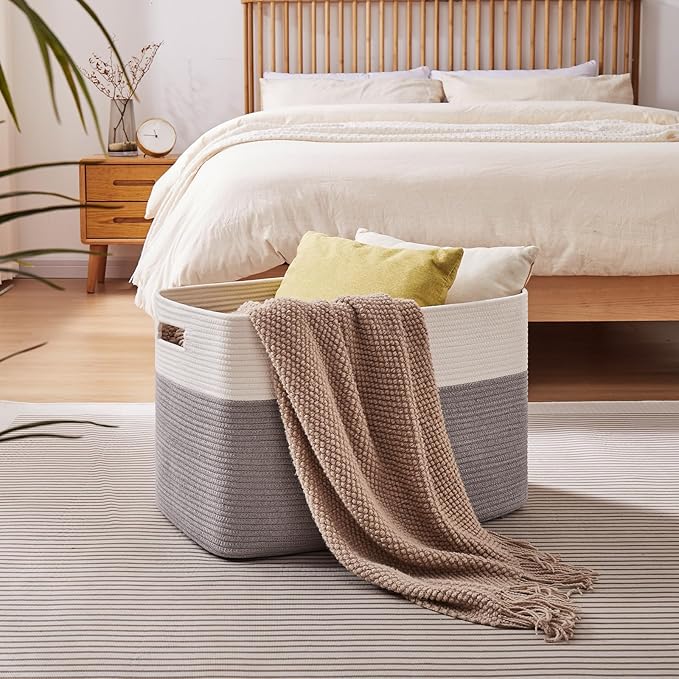 OIAHOMY 108L Extra Large Blanket Basket, 25”x16”x16” Laundry Basket, Blanket Storage for Living Room, Dog Toy Storage with Handle - Grey & White