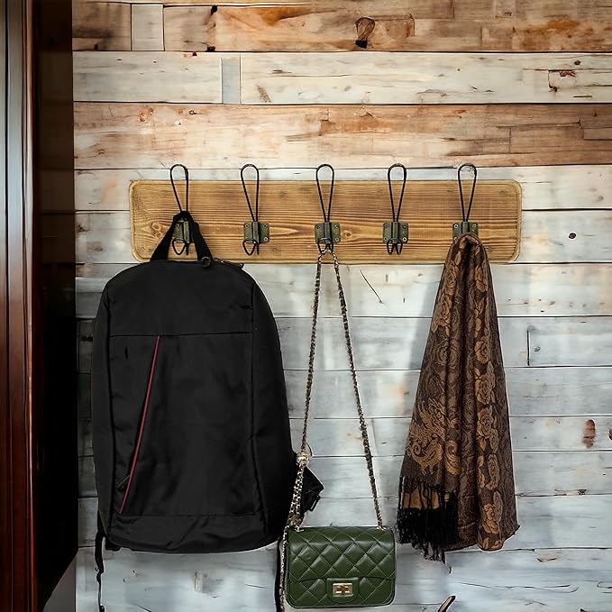 Coat Rack Wall Mount – 24” Reclaimed Burnt Pine Wood with 5 Hooks, Rustic Wooden Wall Mounted Organizer with Wall Hooks for Hanging, Farmhouse Entryway, Hallway, Bathroom, or Bedroom