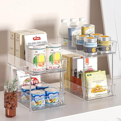 Delamu 2 Tier Snap-Lock Bathroom Under Sink Organizers and Storage, Multi-Purpose Cabinet Drawers with Movable Dividers, Pull Out Organization for Countertop, Kitchen and Pantry(Clear, 2 Pack)