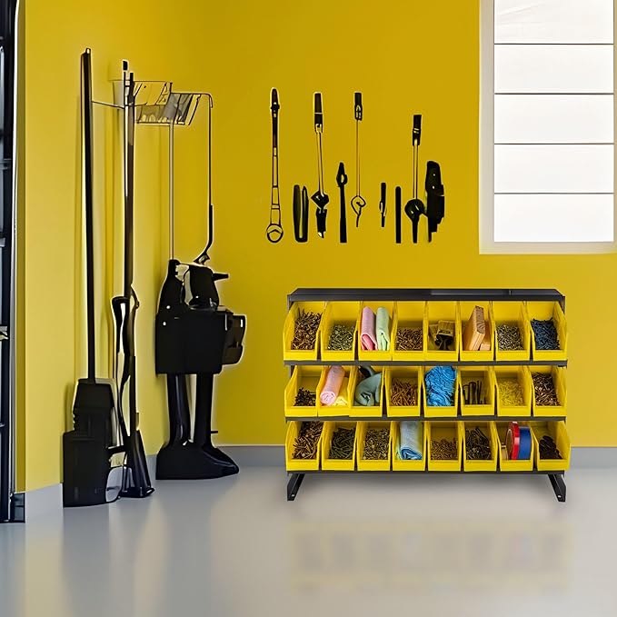 Small Parts Organizer with 24 Plastic Storage Bins - Powder-Coated Steel Rack with Removable Drawers for Garage Organization by Stalwart (Yellow)