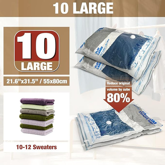 Vacuum Storage Bags, 10 Large Space Saver Vacuum Seal Bags, Space Bags for Clothes, Blankets, Bedding (10L)