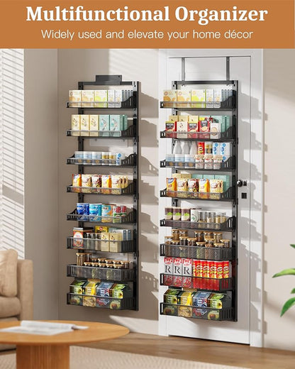 8-Tier Over the Door Pantry Organizer, Large Metal Door Spice Rack with Adjustable Basket, 2 in 1 Wall Mount or Hanging Heavy-Duty Pantry Door Storage Shelf for Kitchen and Bathroom, Black