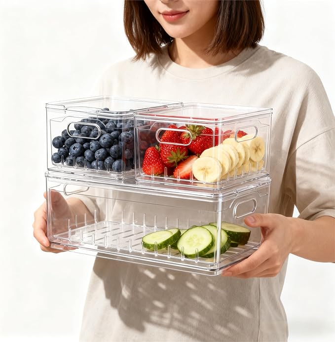 Tayuoo Transparent PET Fruit Draining and Washing colander food storage boxes plastic cookie containers refrigerator organizers (2, Square)