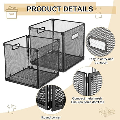 4 Pcs Foldable Metal Cube Storage Baskets 13x13 Kitchen Wire Baskets Stackable Mesh Laundry Organizer Bin with Handles for Shelves Kitchen Cabinets Closet Food (Black)