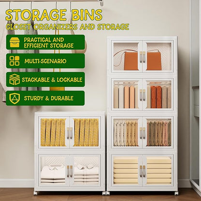 Vavkorkula Large Clear Stackable Storage Bins with 2 Lids, 270QT-45QT*6Tier Foldable Cabinet for Closet Organizers, Plastic Storage Box with Wheels White