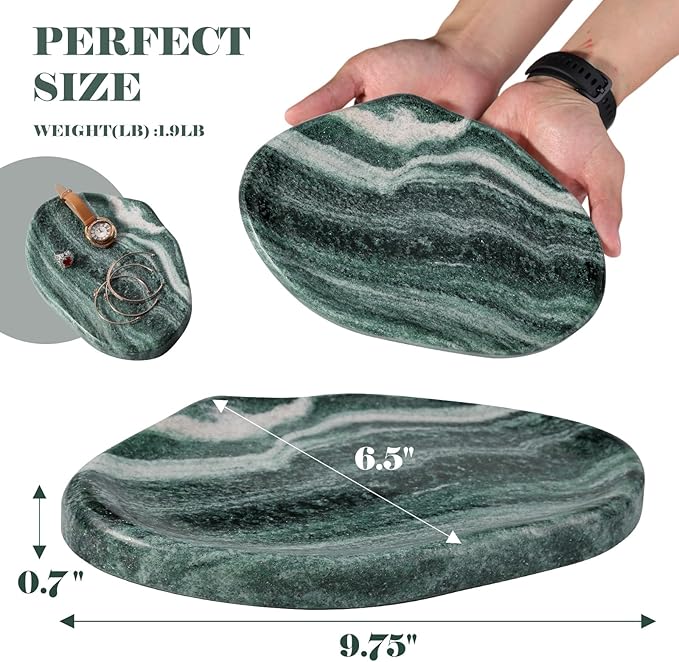BCS Marble Jewelry Tray Trinket Dish, Decorative Cloud Vanity Key Tray for Women, Perfume Ring Holder Dish for Ring Earring, Cute Jewelry Plate Bowl Aesthetic Room Decor（Green）