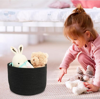 Woven Cotton Storage Baskets - 3-Pack Round Bins (10x10x7'') for Shelves, Closets & Bookcases | Durable Rope Organizers for Nursery, Baby, Toys, Easter & More (black)