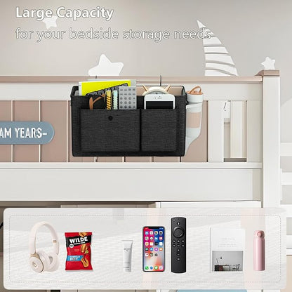Edudif Bedside Caddy Bedside Organizer with Fixed Straps & Water Bottle Holder, Bunk Bed Caddy ideal for Home, Dorm, Hospital, Crib, Versatile Bedside Storage Solution (Black)
