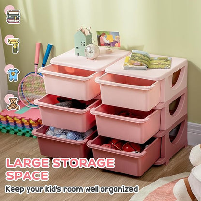 Qaba 3 Tier Kids Storage Unit, Toy Organizers and Storage with 6 Drawer Chest for Kids Bedroom Nursery Kindergarten Living Room for Boys Girls Toddlers, Pink