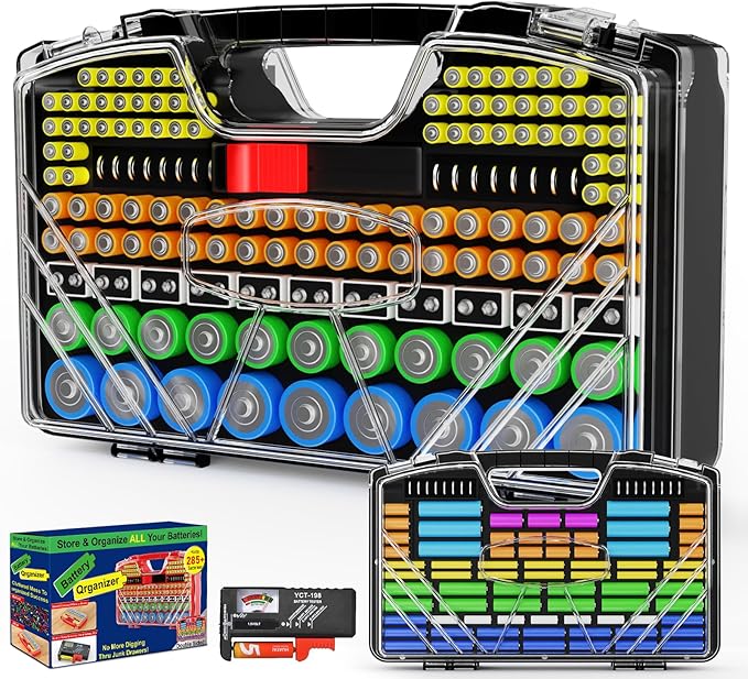 Battery Organizer Storage Holder Box Case with Tester, New Ultra-Large 285+Batteries Double-Sided Variety Pack, Holds AA AAA 4A C D Button Cell 9V 3V Lithium18650 CR2 CR123 CR1632 LR44 (Black)