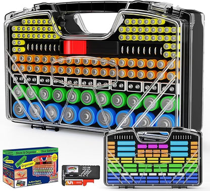 Battery Organizer Storage Holder Box Case with Tester, New Ultra-Large 285+Batteries Double-Sided Variety Pack, Holds AA AAA 4A C D Button Cell 9V 3V Lithium18650 CR2 CR123 CR1632 LR44 (Black)