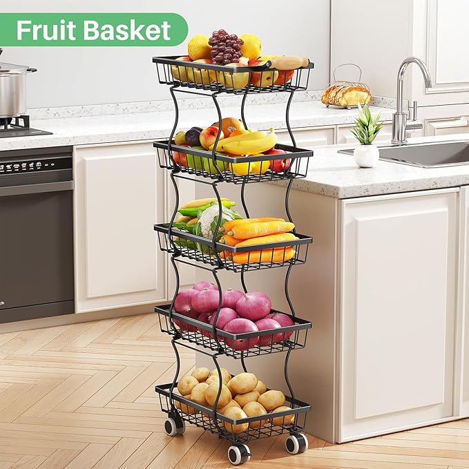 Fruit Basket Kitchen Pantry Organizers and Storage - 5 Tier Stackable Metal Wire Basket Stand for Fruit Vegetable Snacks Jars Bins Containers Organization, Black