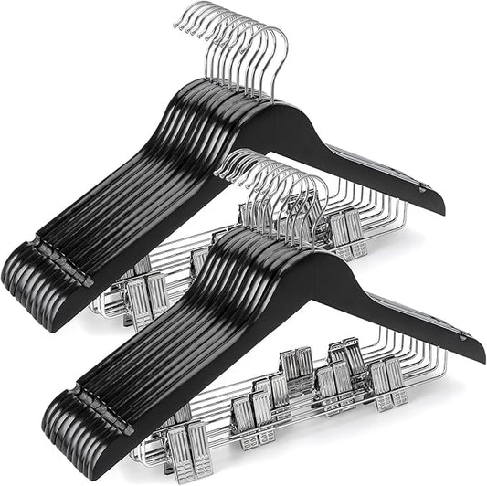 TOPIA HANGER Wooden Suit Hangers with Adjustable Metal Clips (20 Pack), Solid Wood Coat Hangers, 360° Swivel Hook, Premium Clothes Hangers for Jacket, Pant, Jeans, Blouse-Black, CT28B20