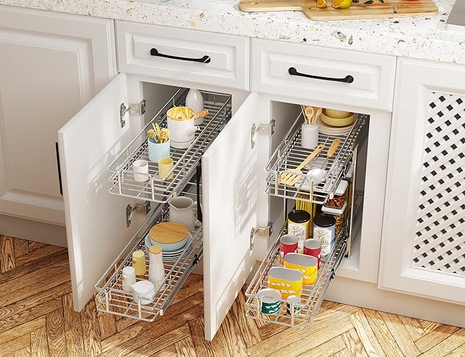 LOVMOR Individual Pull Out Cabinet Organizer, 2 Tier Slide Out Cabinet Drawers, Pots and Pans Organizer and Storage Pantry Shelf for Kitchen (14½" W x 21½" D)