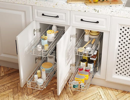 LOVMOR Individual Pull Out Cabinet Organizer, 2 Tier Slide Out Cabinet Drawers, Pots and Pans Organizer and Storage Pantry Shelf for Kitchen (12½" W x 21½" D)