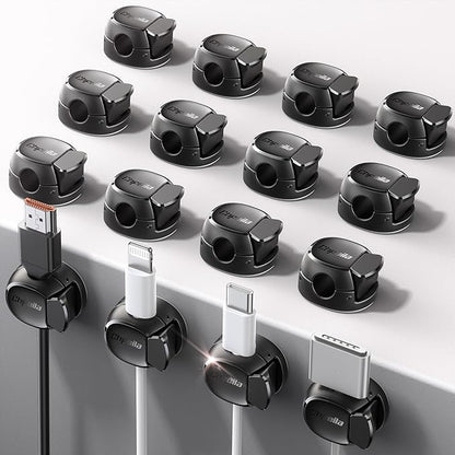 16Pack Cord Organizer [Dual Spring & Clasp, Max Secure] Cable Clips - Chfeila Cord Holder, Desk Cable Management, Adhesive Phone Charging Wire Holder for Nightstand/Car/Wall, Office Accessory - Black